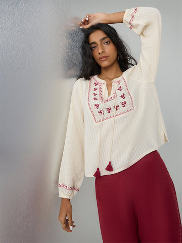 Bombay Paisley Off-White Embroidered Cotton Top