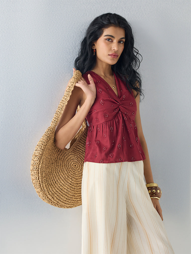 Bombay Paisley Red Sequin Work Cotton Top