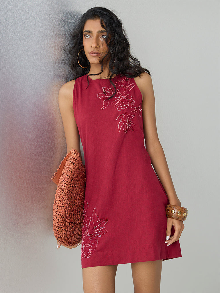 Bombay Paisley Red Floral Embellished Cotton Shift Dress
