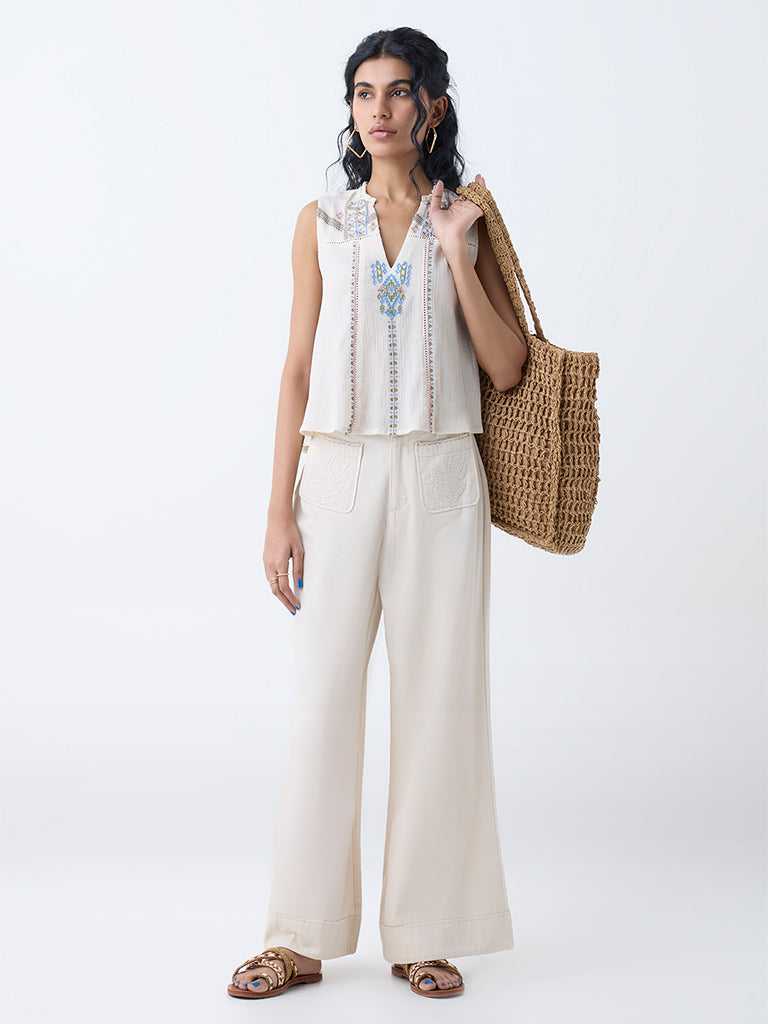 Bombay Paisley Off-White Embroidered Cotton Top