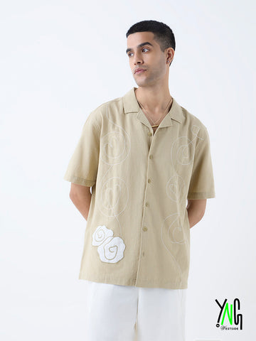 ETA Taupe Embroidered Relaxed-Fit Cotton-Blend Shirt