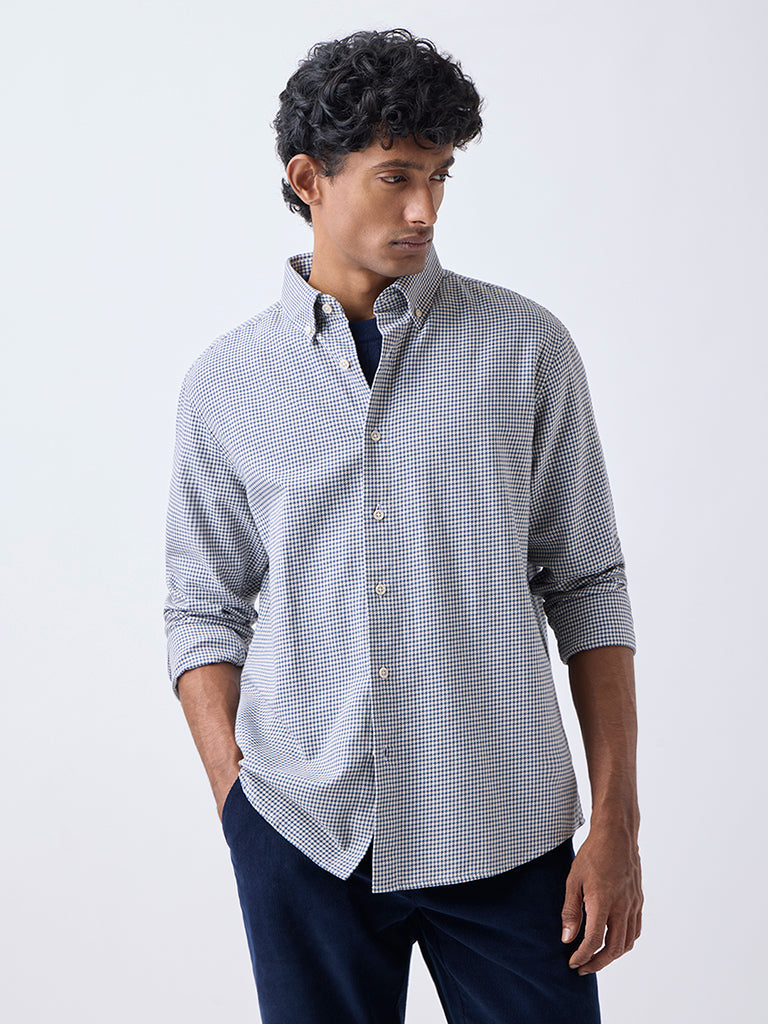 Ascot Blue Houndstooth Checks Relaxed-Fit Cotton Shirt