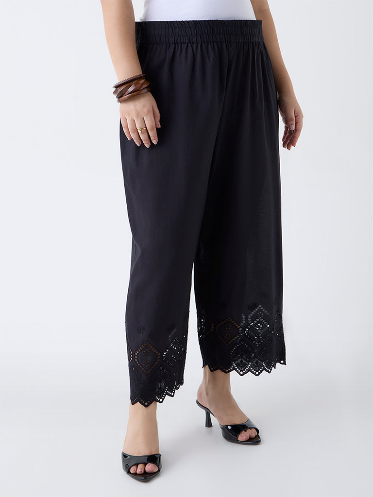 Diza Black Schiffli Detailed Cotton Pants