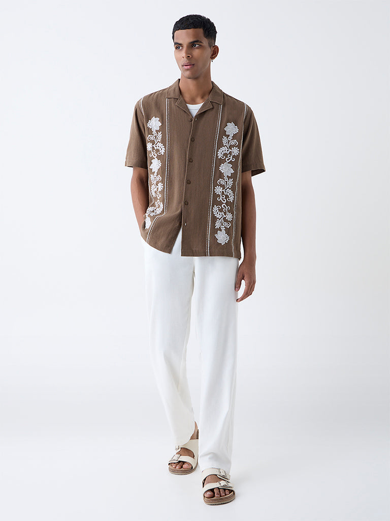 ETA Brown Floral Embroidered Relaxed-Fit Cotton Shirt