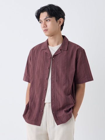 ETA Burgundy Embroidered Relaxed-Fit Cotton Shirt