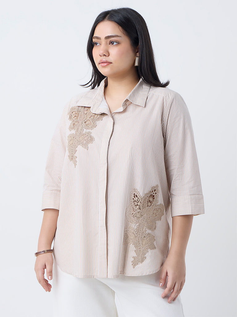 Gia Beige Floral Embroidered Cotton Shirt