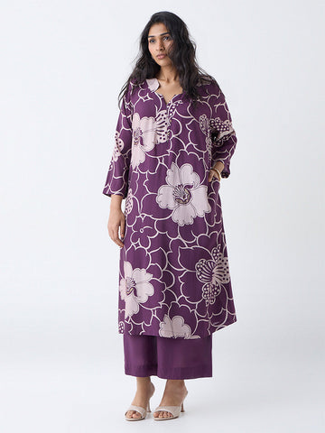 Diza Plum Floral Design A-Line Kurta