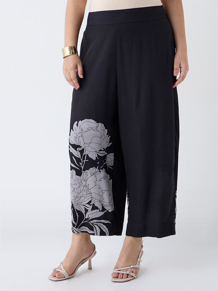 Diza Black Floral Design Ethnic Pants