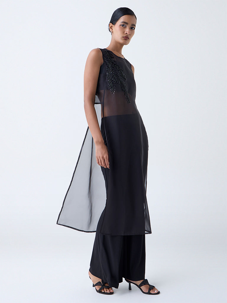 Vark Black Embellished Sheer Kurta with Inner