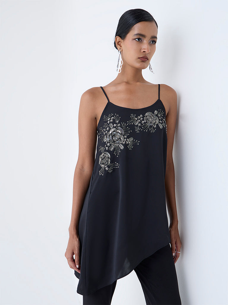 Vark Black Floral Embellished Asymmetrical Top