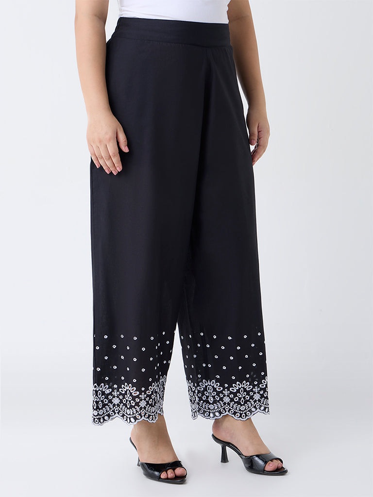 Diza Black Schiffli Embroidered Cotton Palazzos