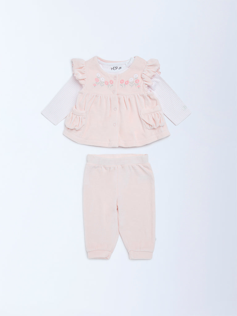 HOP Baby Pink Floral Embroidered Cotton-Blend Top and Pants Set