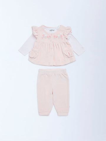 HOP Baby Pink Floral Embroidered Cotton-Blend Top and Pants Set