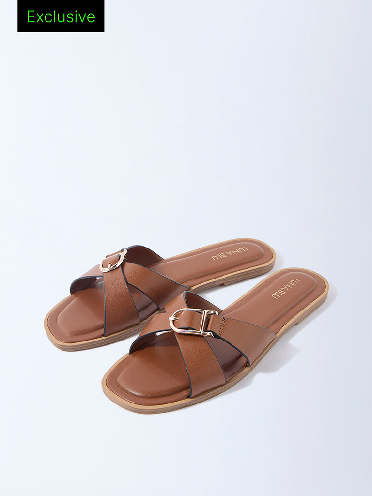 LUNA BLU Brown Criss-Cross Detailed Slides- Exclusive