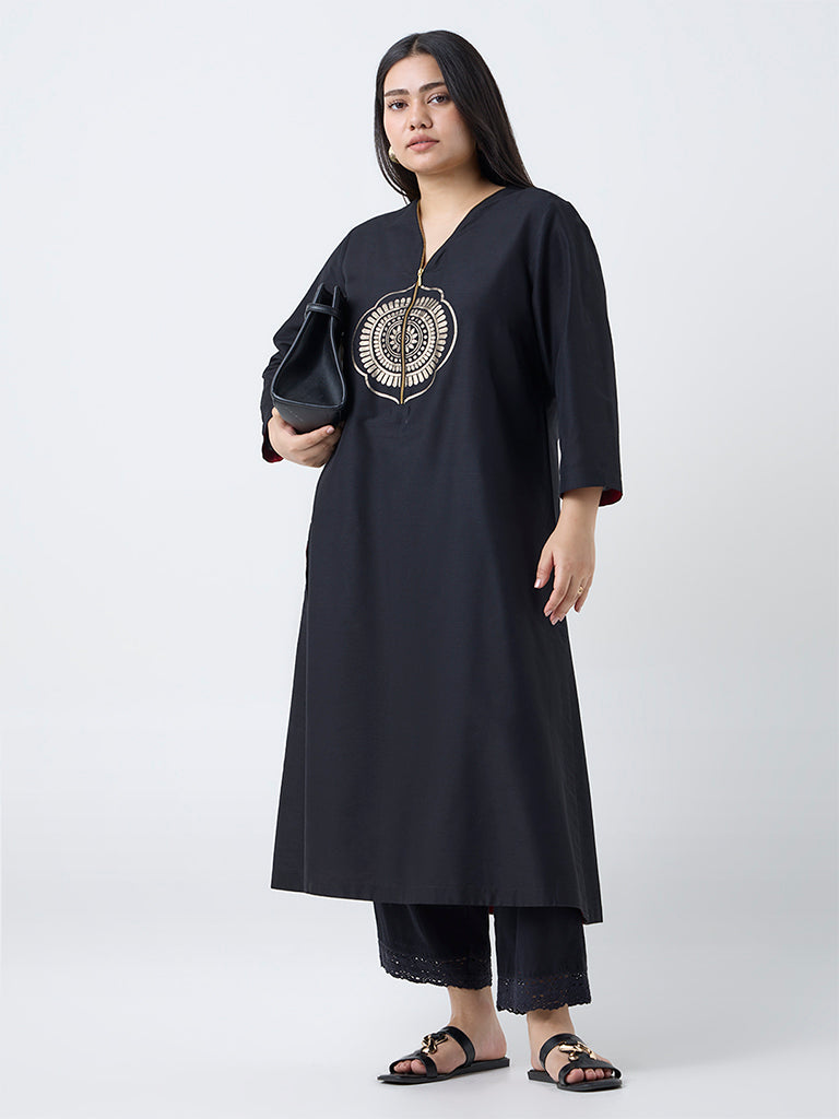 Diza Black Printed Quarter-Zip A-Line Kurta