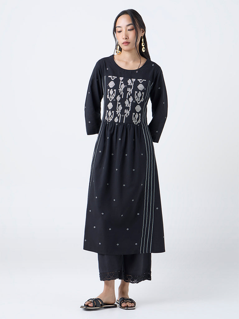 Utsa Black Jamdani Embroidered Cotton-Blend A-Line Kurta