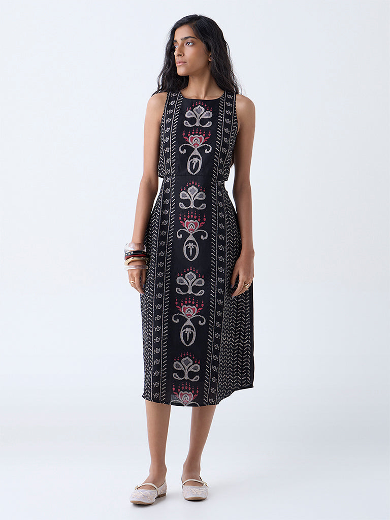 Bombay Paisley Black Printed Cotton-Blend A-Line Dress