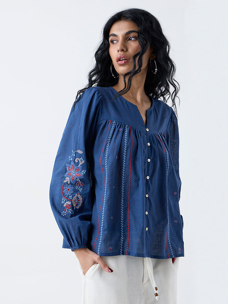 Bombay Paisley Blue Embroidered Cotton Top