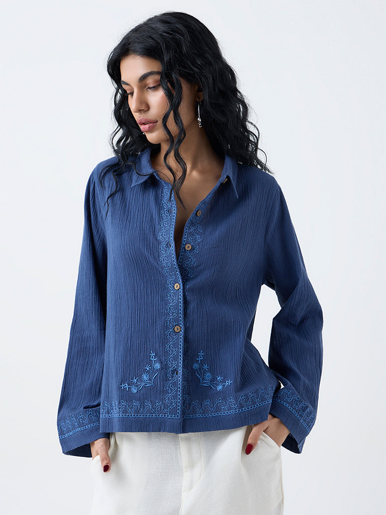 Bombay Paisley Navy Crinkle-Textured Shirt