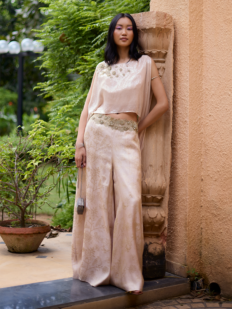 Embroidered Gold Top And Jaquard Co-ord Set