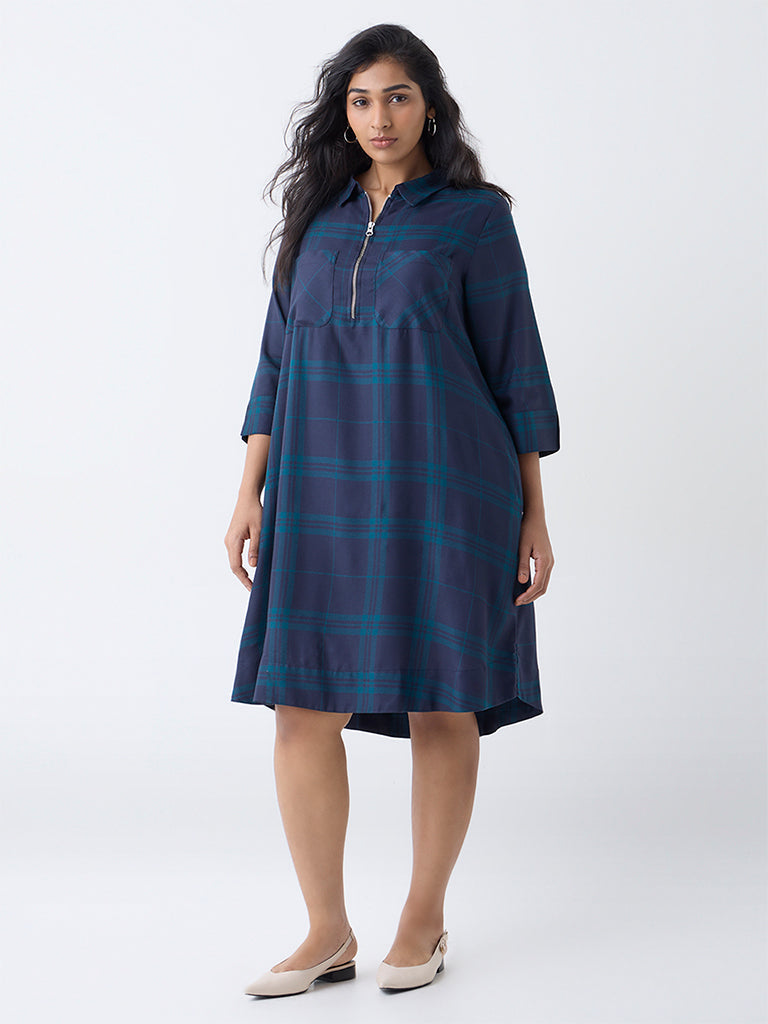 Gia Navy Check Design Quarter-Zip A-Line Dress