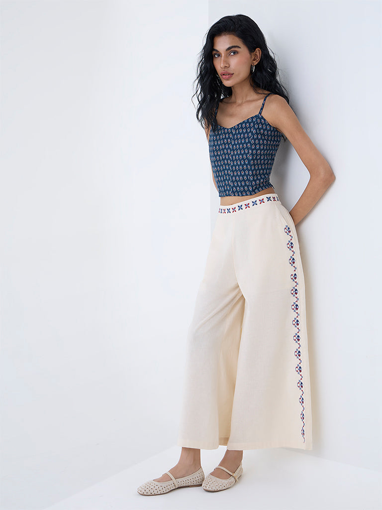 Bombay Paisley Off-White Embroidered Cotton-Blend Palazzos