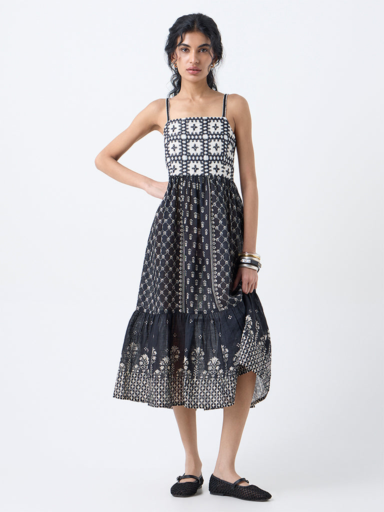 Bombay Paisley Black Embroidered Cotton Tiered Dress