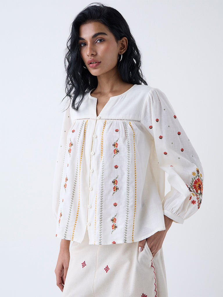 Bombay Paisley Off-White Floral Embroidered Cotton Top