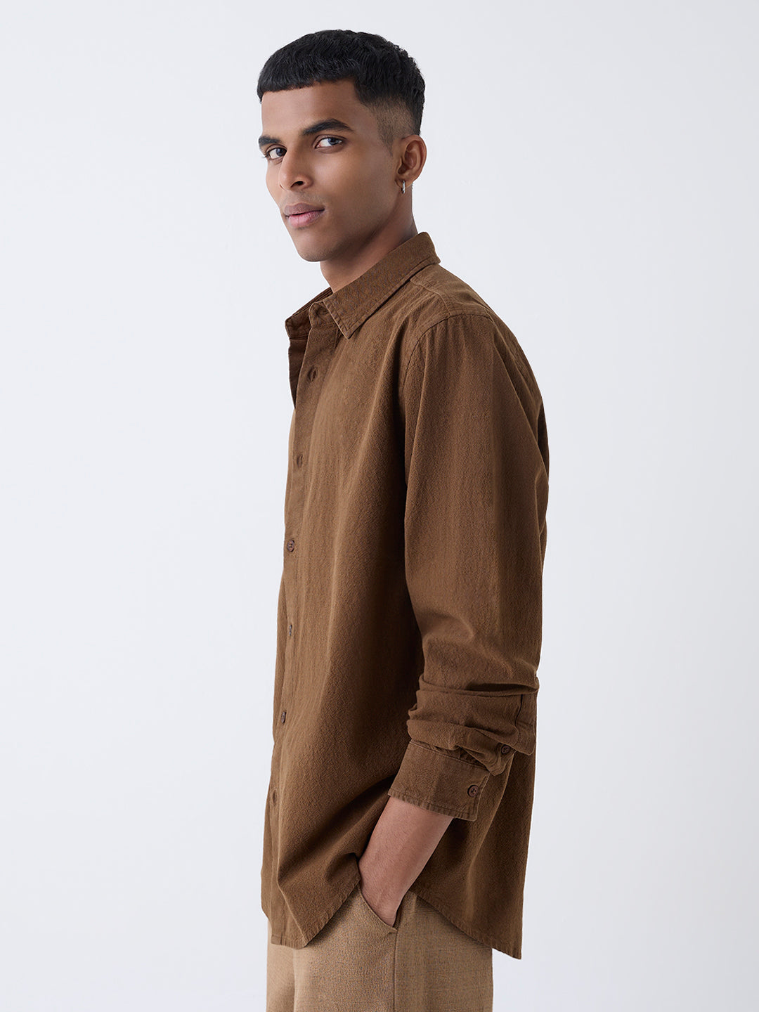ETA Brown Solid Relaxed-Fit Cotton Shirt