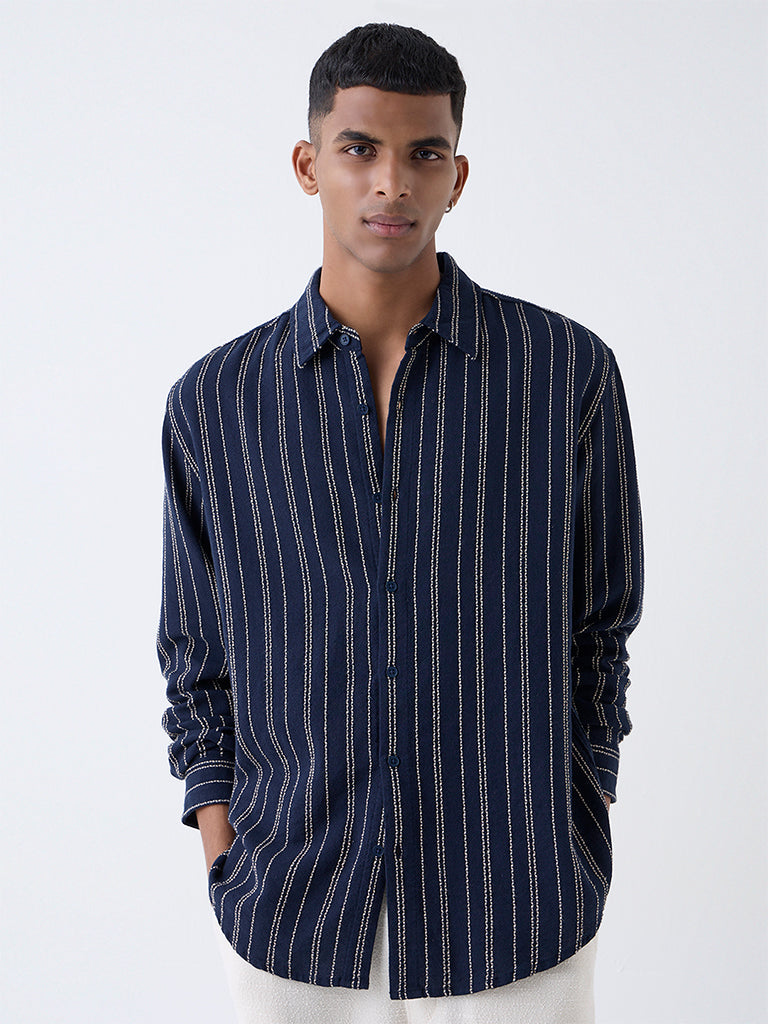 ETA Navy Striped Relaxed-Fit Cotton Shirt