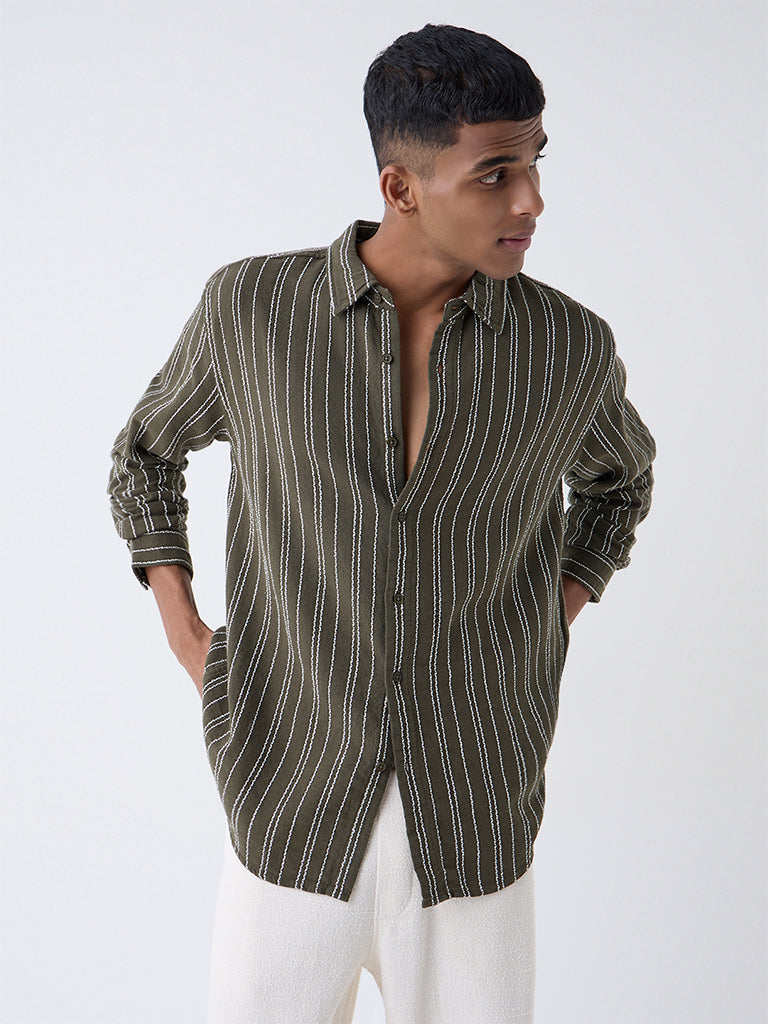 ETA Olive Striped Relaxed-Fit Cotton Shirt