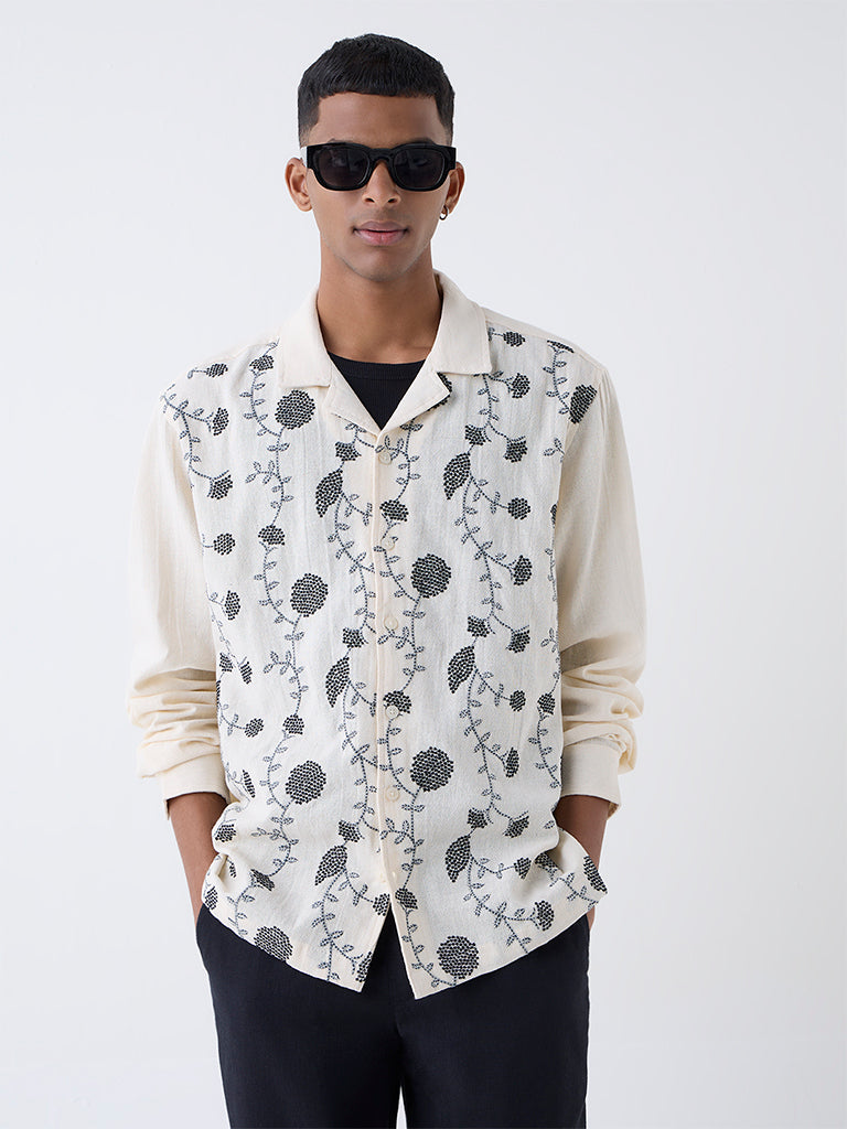 ETA Off-White Floral Embroidered Relaxed-Fit Cotton Shirt