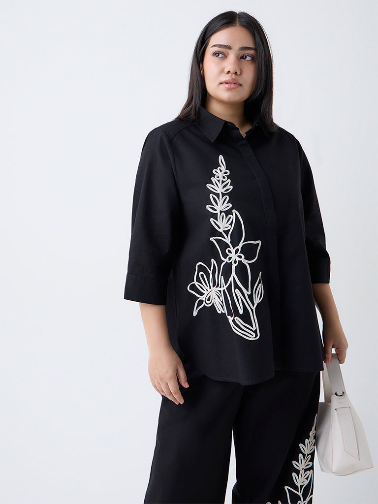 Gia Black Floral Embroidered Linen-Blend Shirt