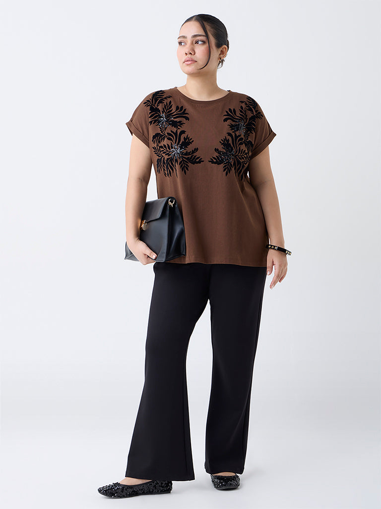 Gia Dark Brown Floral Pattern Cotton T-Shirt