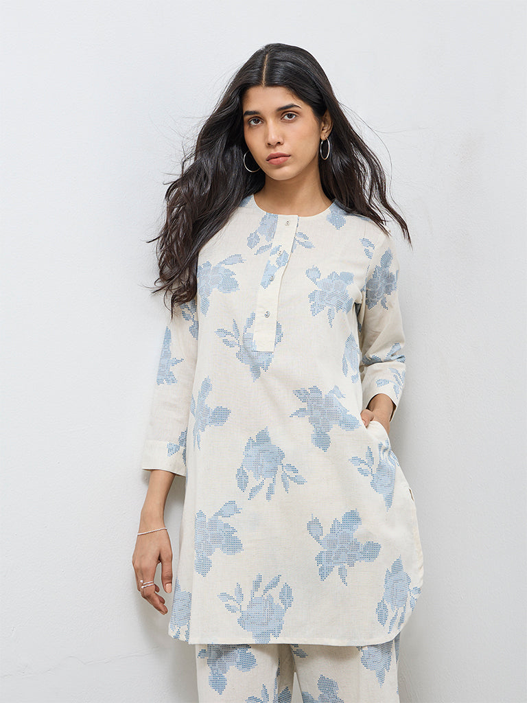 Utsa Off-White Floral Cotton-Blend Tunic