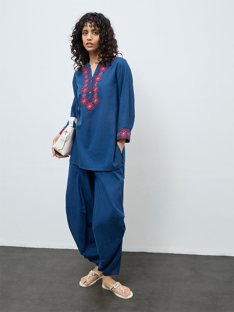 Utsa Indigo Floral Embroidered Cotton A-Line Tunic
