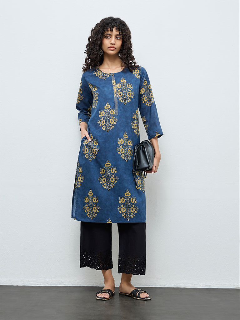 Utsa Indigo Foliage Printed Cotton Straight Kurta