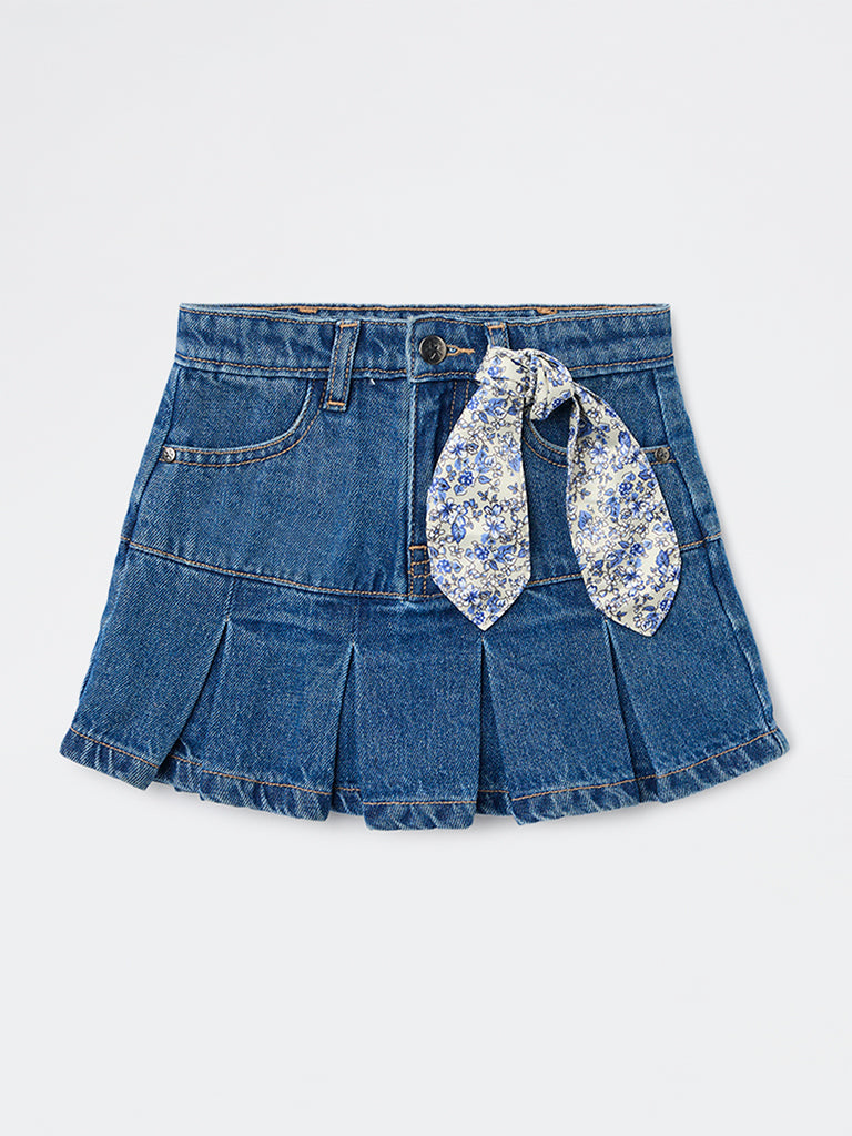 HOP Kids Girls Dark Blue Solid Mid-Rise Denim Skorts