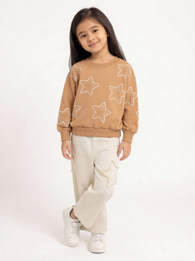 HOP Kids Girls Light Brown Star Design Cotton-Blend Sweatshirt