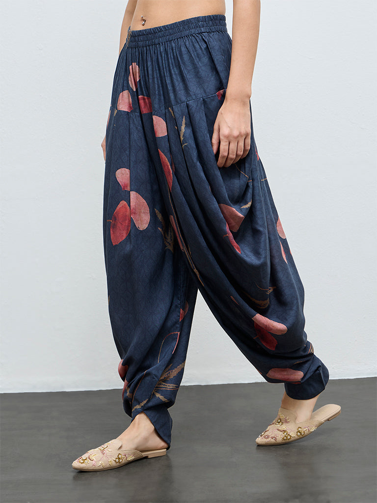 Zuba Navy Botanical Printed Dhoti Pants
