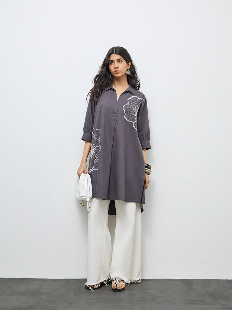 Utsa Grey Floral Embroidered Cotton-Blend High-Low Kurta