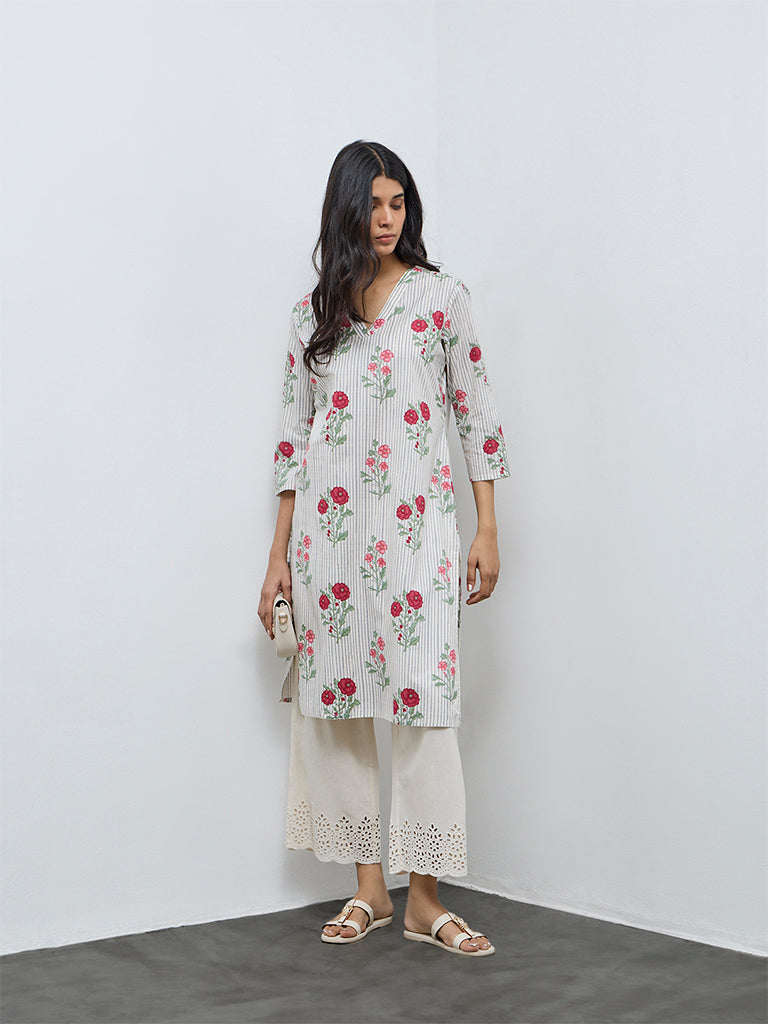 Utsa Grey Floral Pattern Cotton A-Line Kurta