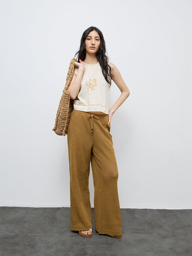 Bombay Paisley Mustard Crochet Cotton High-Rise Pants
