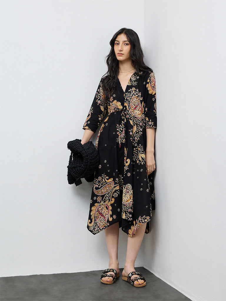 Bombay Paisley Black Printed Cotton Asymmetrical Dress