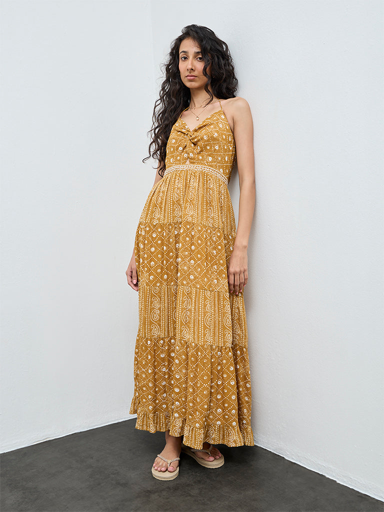 Bombay Paisley Mustard Printed Cotton-Blend Tiered Dress