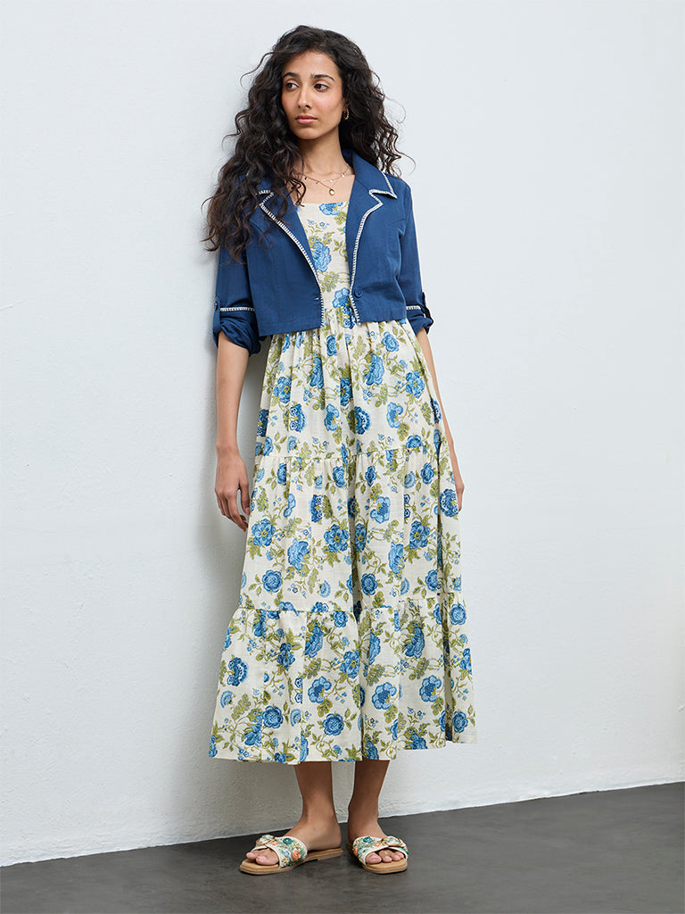 Bombay Paisley Blue Floral Cotton Tiered Dress with Jacket