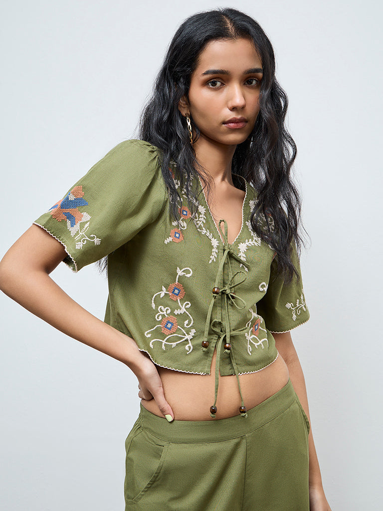 Bombay Paisley Green Floral Embroidered Cotton-Blend Top