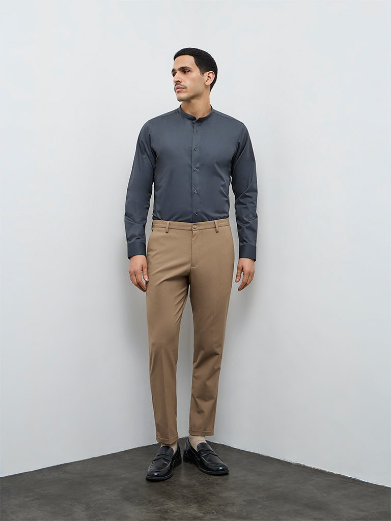 WES Formals Khaki Slim-Fit Mid-Rise Trousers