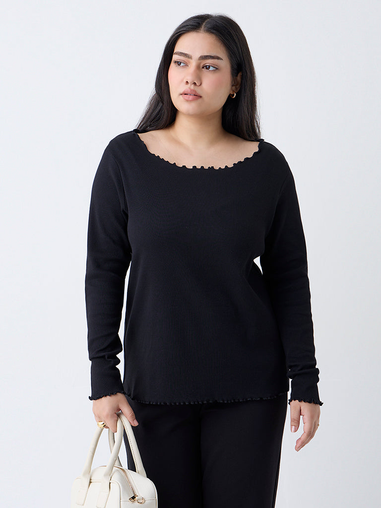 Gia Black Ribbed-Textured T-Shirt