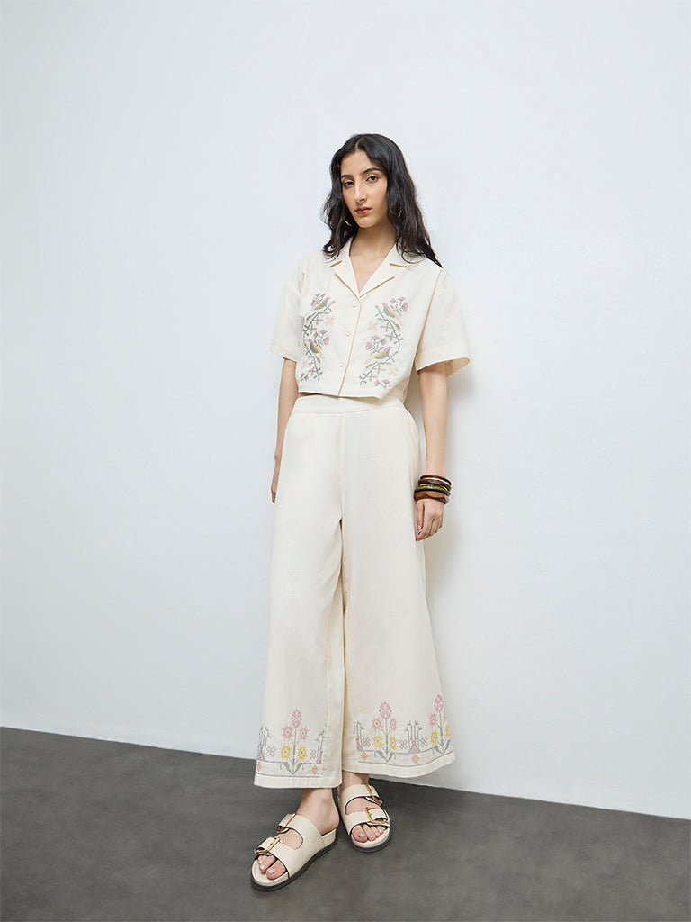 Bombay Paisley Off-White Embroidered Cotton-Blend Pants
